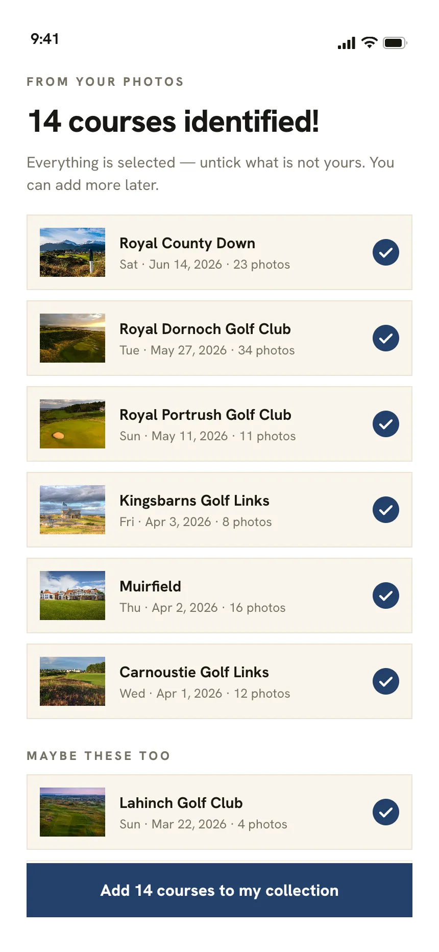 Nerdie showing fourteen courses it identified from the photo library, each already ticked.