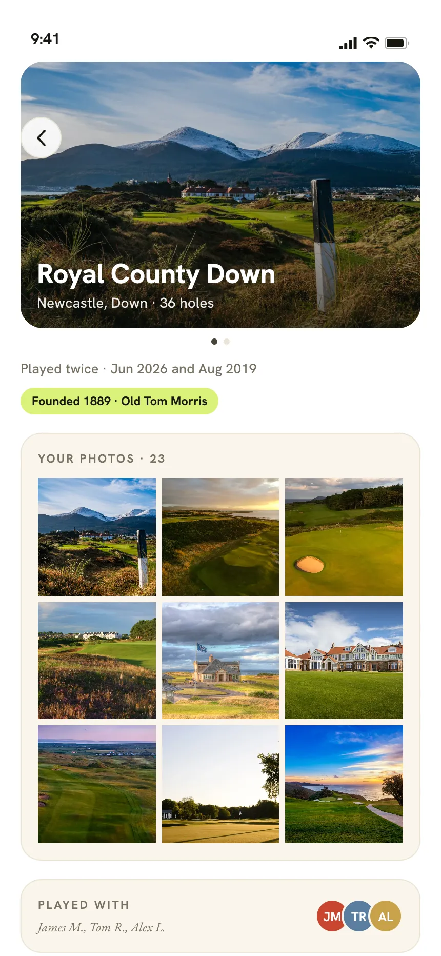 A course page in Nerdie, with the photograph of the course and every round played there.