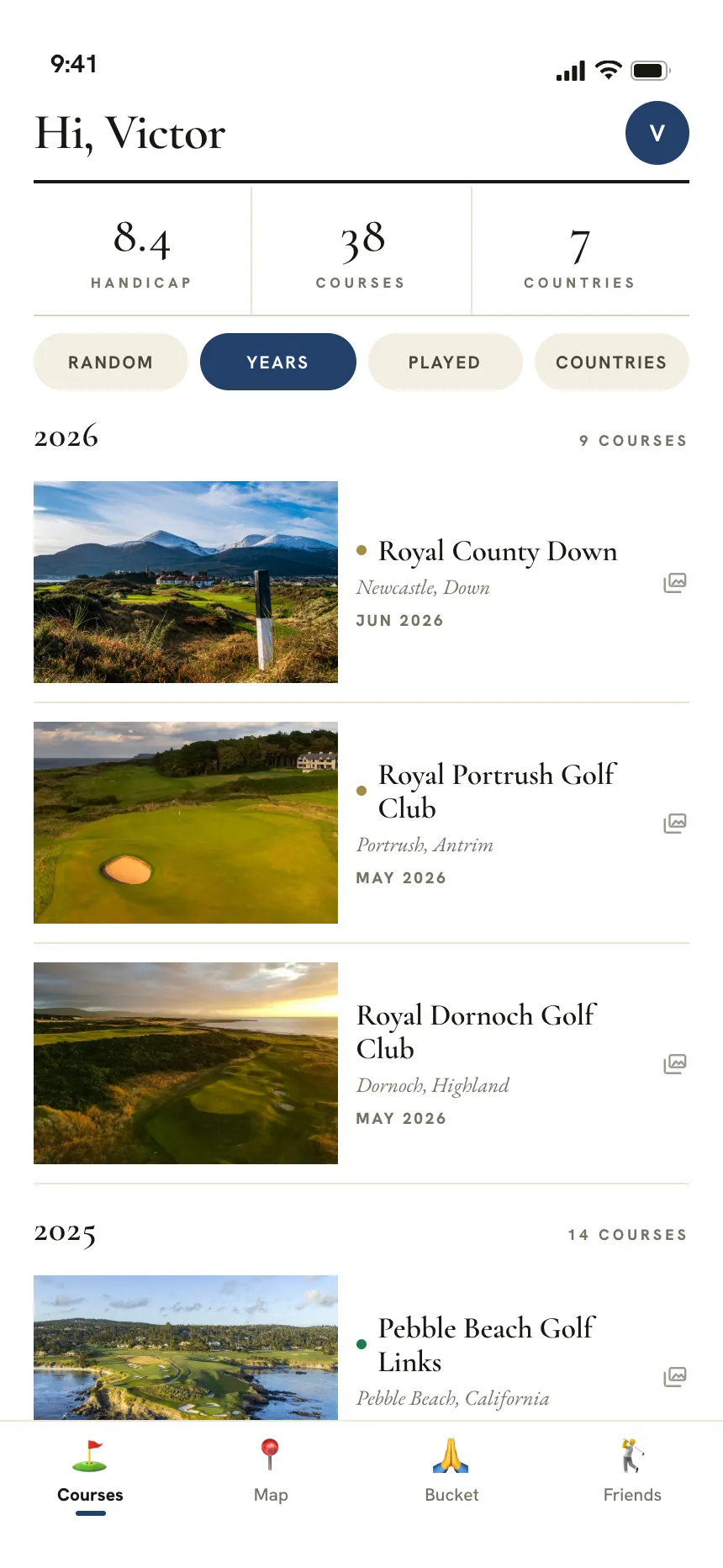 The Nerdie collection screen: 38 courses in 7 countries, grouped by year, each with a photograph of the course.