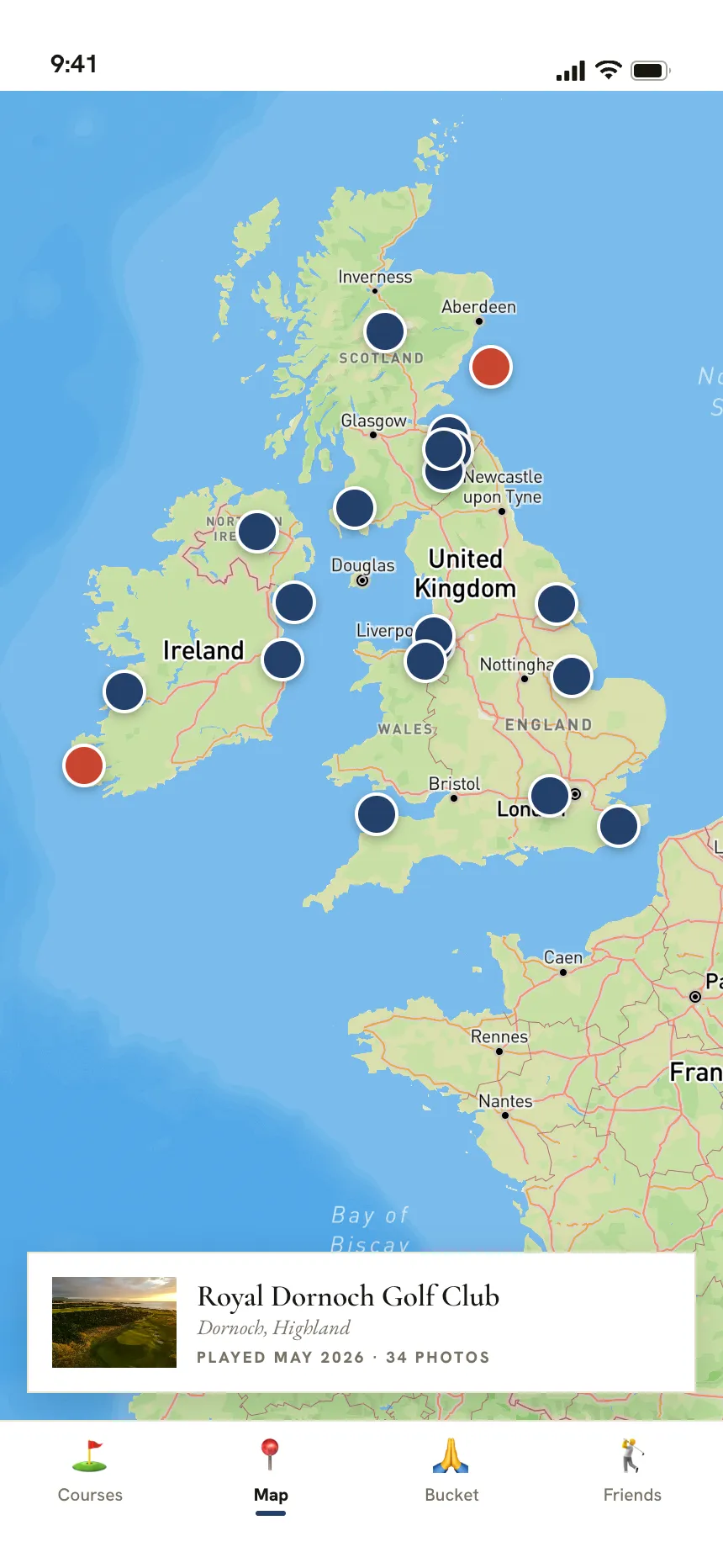 The Nerdie map, with a pin on every course played and every course on the bucket list.